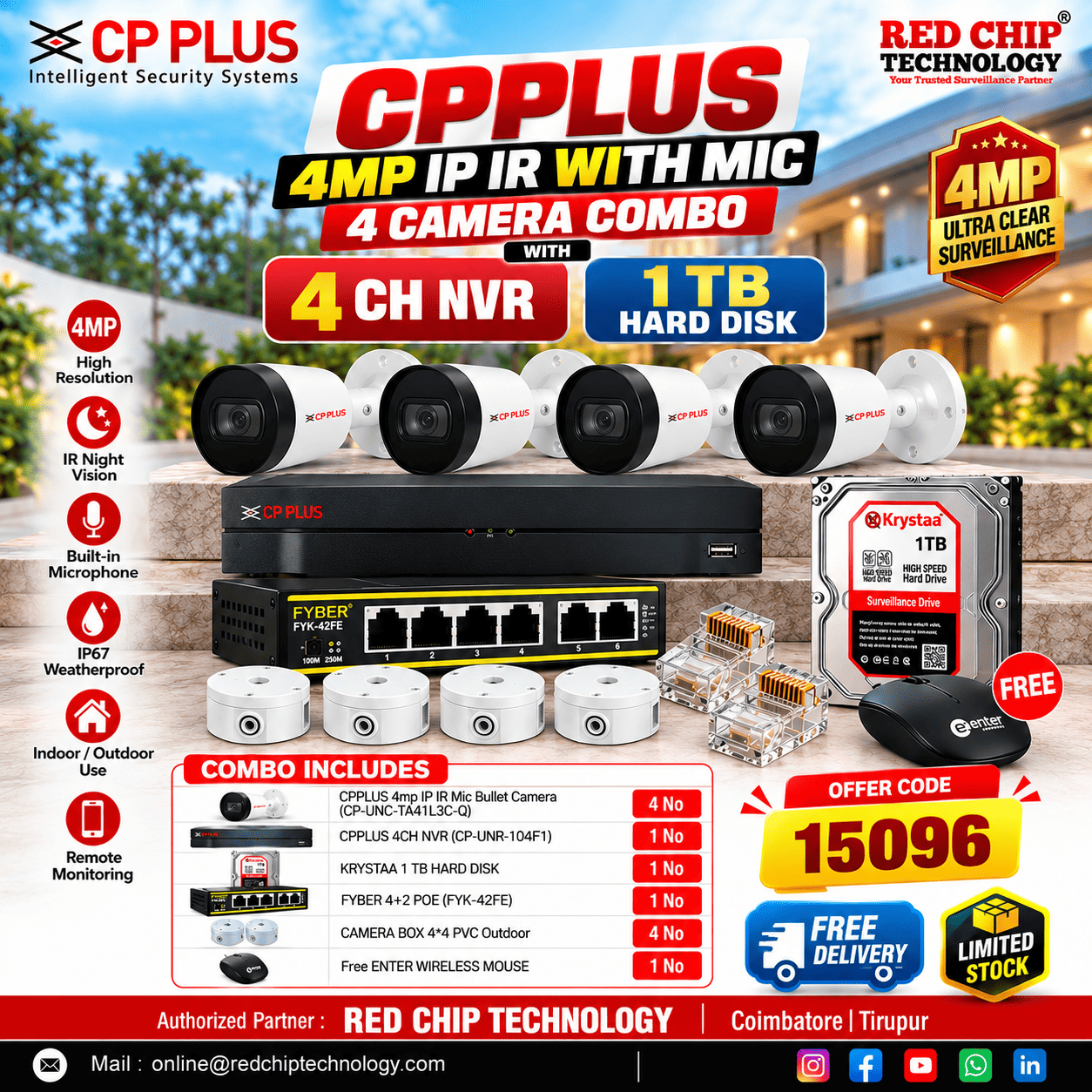 CPPLUS 4MP IP IR 4CH COMBO WITH 1TB HDD  Offer Code: 15096