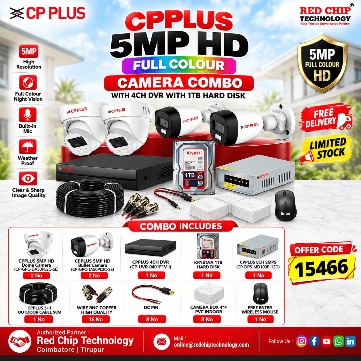 CP PLUS 5MP HD Full Colour 4 Camera Combo With 1 TB Hard disk (Offer Code: 15466)