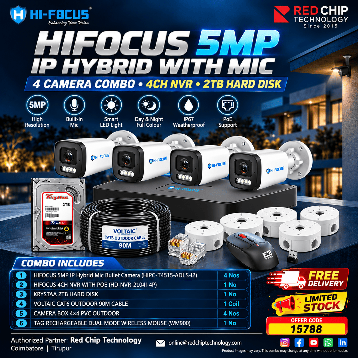 HIFOCUS 5MP IP HYBRID CCTV COMBO WITH 2TB HDD (OFFER CODE 15788)