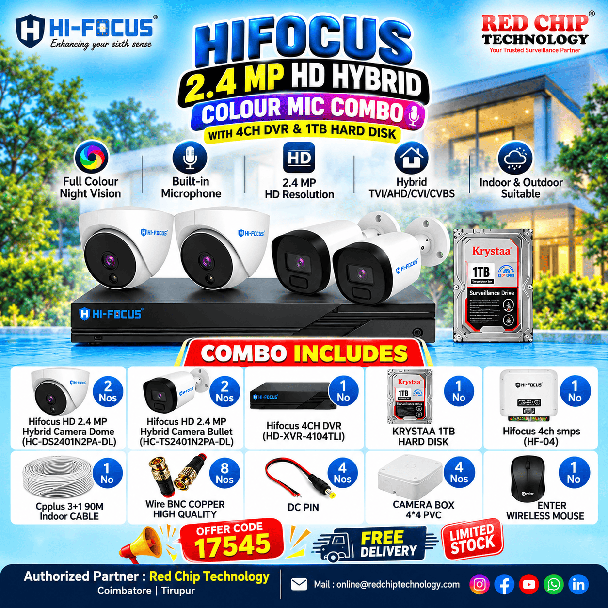 HIFOCUS 2.4 MP HD HYBRID WITH 1TB HDD COMBO CODE 17545